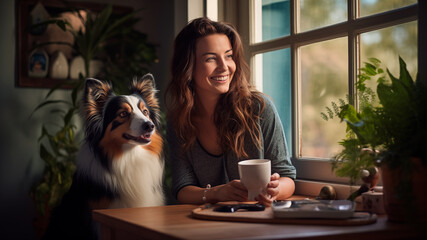 Smiling mid aged woman plays with her happy dog while having a breakfast during a morning time on the kitchen at home