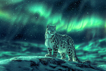 Snow leopard stands on a snowy hilltop under a green northern lights sky. Beautiful winter...
