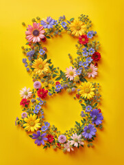 Number eight formed entirely out of vibrant wild flowers on a yellow background. Greeting card for International Women's Day.  Eighth of March