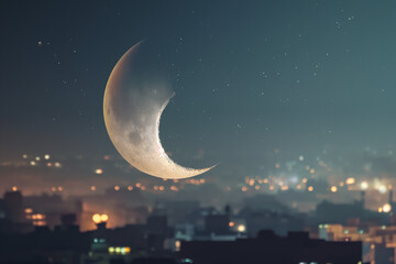 The crescent moon seen over the city during the Eid celebration, Ramadan concept. generative AI