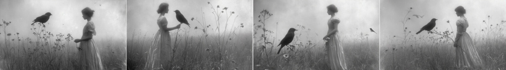 Black and white surreal photo of a girl in a meadow. The bird sits on the girl's outstretched arm. Adding an element of wonder. The contrast between black and white enhances the dreamlike quality
