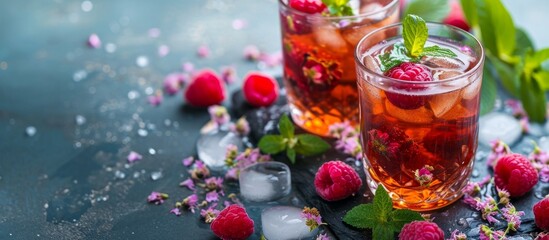 Iced herbal tea with raspberries and ice, served in Islamic glasses with selective focus. - obrazy, fototapety, plakaty