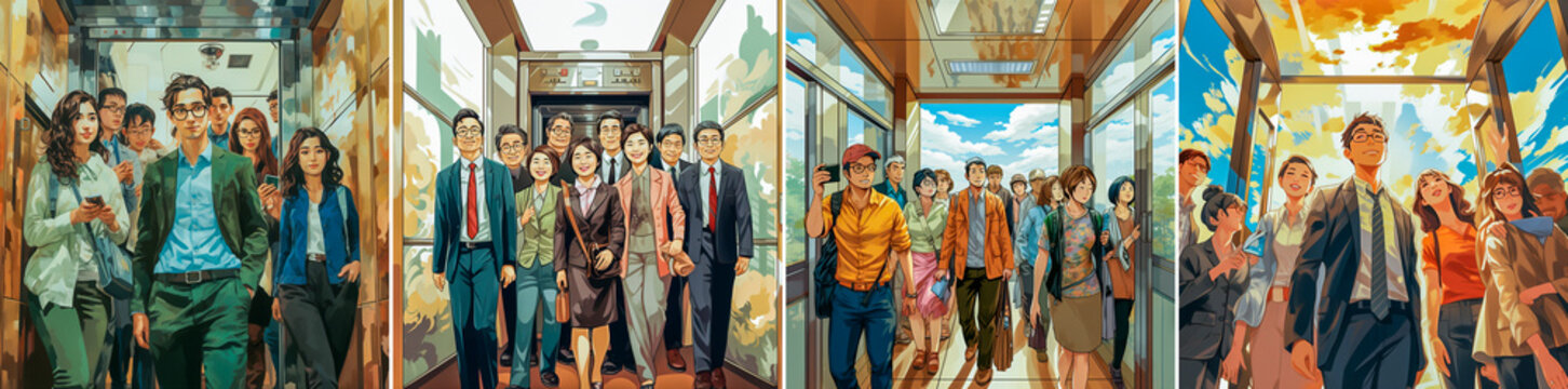Illustration of Japanese people in an elevator with no facial expressions. Designed in vector format for scalability and versatility. Created using watercolor techniques for a unique aesthetic.