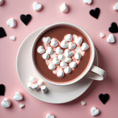 cup of hot chocolate with marshamllow - pink background, black hearts