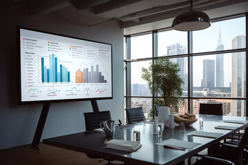 Meeting room with a large screen for presentations, along with a table with paper documents and refreshment surrounded by windows with visible metropolis. - obrazy, fototapety, plakaty