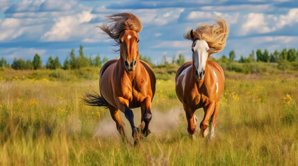 Two Horses Galloping in a Green Meadow - Generative AI