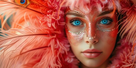 portrait of a beautiful girl with blue eyes decorated with fluffy pink feathers, Mardi Gras carnival, poster