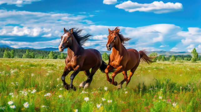 Two Horses Galloping in a Flowery Meadow - Generative AI