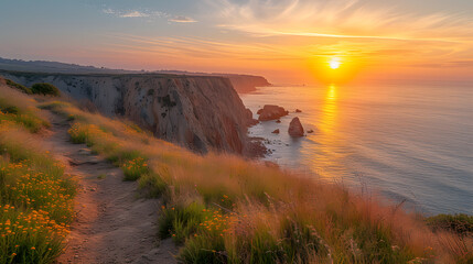 A coastal trail, with rugged cliffs as the background, during a golden sunset