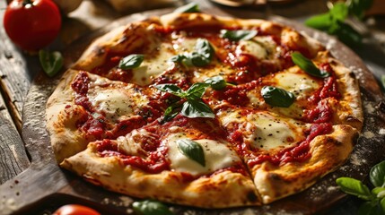 Fresh Margherita Pizza on Dark Wooden Table. A freshly baked Margherita pizza with vibrant basil leaves on a rustic dark wooden background.