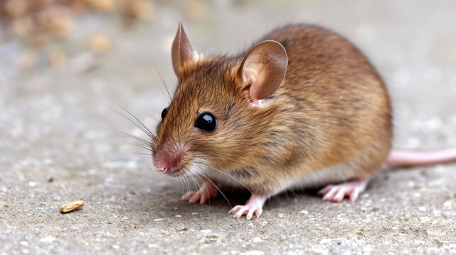 A brown mouse sitting on top of a cement floor. Can be used to depict small animals or urban environments