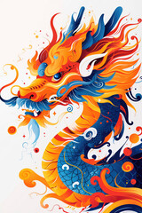 Vibrant illustration of a traditional Chinese dragon in motion, with fiery colors and swirling patterns against a white background.