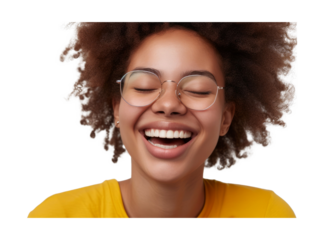 Close up face of happy mixed race girl laughing with eyeglasses