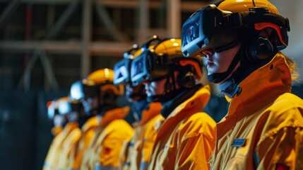 Fototapeta premium Firefighters Training with VR Technology. Firefighters in uniform using VR headsets for training simulation.