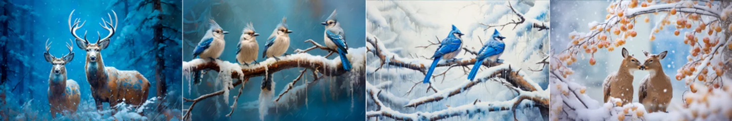 Fotobehang Enjoy the awe-inspiring beauty of nature in one image. Unique and breathtaking blue jays captured during a snowstorm. A great addition to the interior of your home or office. © Sasha
