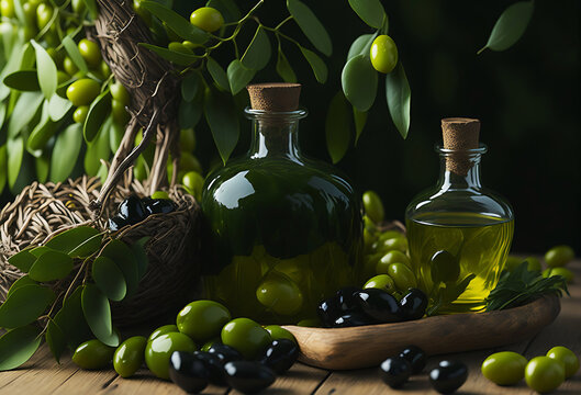A set of Plump Olives green and black on a dark background
