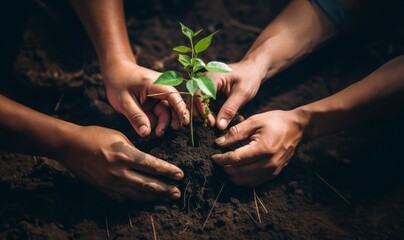 hands from a close-knit community come together to plant a young sapling, symbolizing collective growth, environmental stewardship, and the nurturing bond between people and nature.Generated image - obrazy, fototapety, plakaty