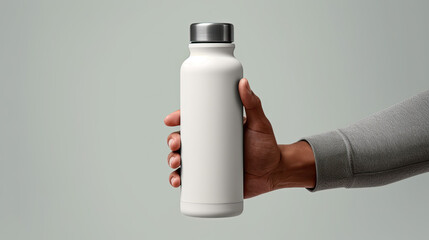 White Water Bottle in Man's Hand Against Gray Background - Generative AI