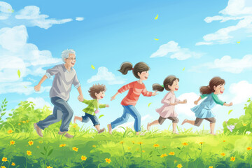 A happy and happy family running under the blue sky, white clouds.