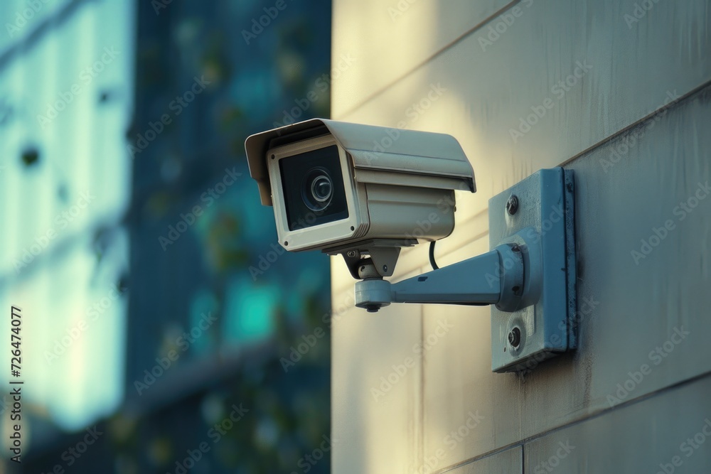 Poster a security camera mounted on the side of a building. can be used for surveillance and monitoring pur