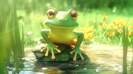 Green Frog Standing on a Rock in a Pond with Yellow Flowers - Generative AI