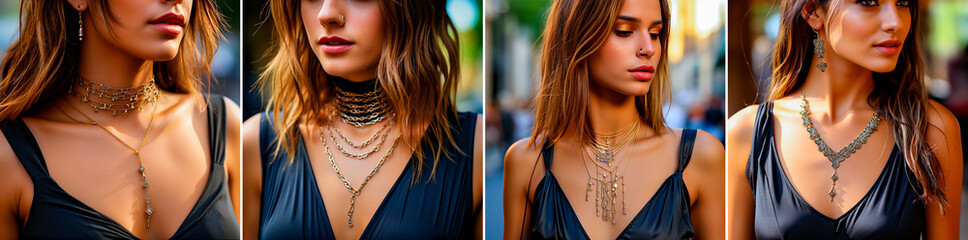 A small gold necklace takes center stage. Showcasing a cool Israeli woman wearing this necklace. Close-up image of a necklace on a woman's neck. - Powered by Adobe