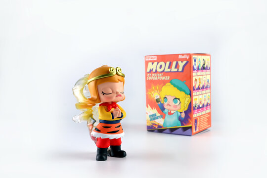 art toys Molly my instant super power collection from Pop Mart blind box collectable cute toys Kenny Wong Sun Wukong character display on white background in popmart store during new release