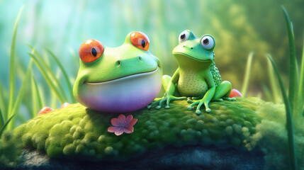 Two Frogs Standing on a Foliage Rock in the Forest - Generative AI