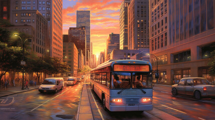 Passenger Bus Traveling Through the Metropolis at Sunset - Generative AI