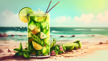 Long Drink mojito cocktail; summer tropical sunny beach drink bar. Generative AI. - obrazy, fototapety, plakaty