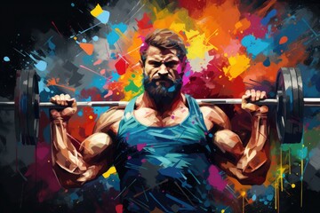 Watercolor abstract illustration of Bodybuilding. Waist-high Athletic man with barbell in colorful Paint Splash style. Athlete watercolour painted in gym. Sport Background with brush strokes splatters - obrazy, fototapety, plakaty