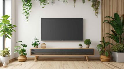 A comfortable living room with vibrant green plants and a modern flat screen TV. Perfect for showcasing a stylish and inviting home interior.