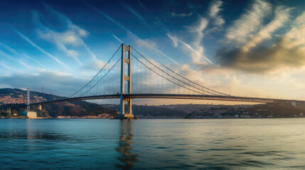 Fototapeta premium Bosphorus Bridge Connecting Two Continents at Sunset in Istanbul - Generative AI