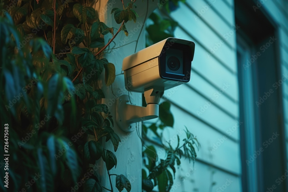 Poster a camera mounted to the side of a building. can be used for surveillance or monitoring purposes