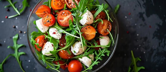 Top view of a salad with cherry tomatoes, mozzarella, and arugula.