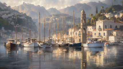Sailing Boats Anchoring in a Quiet Harbor at Sunset - Generative AI - obrazy, fototapety, plakaty