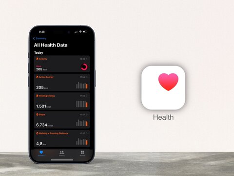 Health app is displayed on an iPhone, Apple Health logo next to it, fitness and health tracking, medication, activity, measurement, Apple Watch, training
