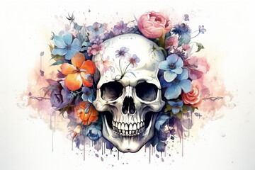 Floral human skull in watercolor  style