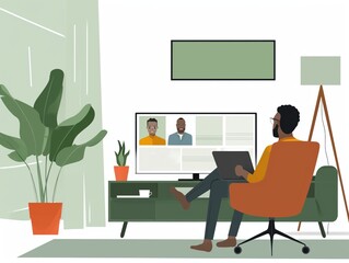 Flat Illustration of a person participating in a virtual meeting from a comfortable home-office setup