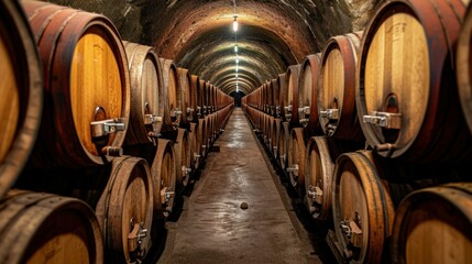 Wine cellar. Wine or whiskey barrels. French wooden barrels