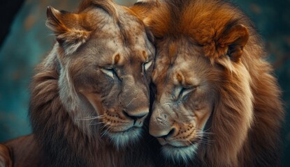 Fototapeta premium lion and lioness in a moment full of tenderness