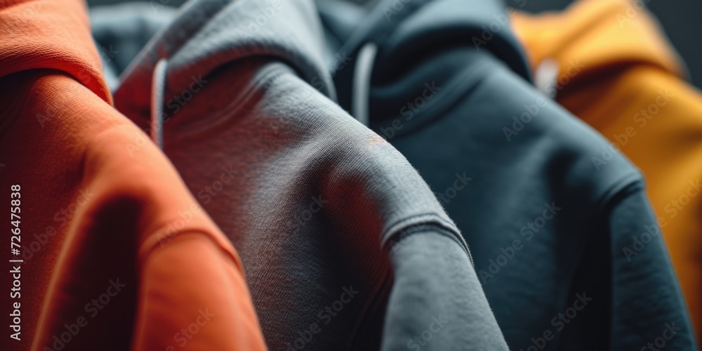 Poster a close-up view of a bunch of clothes hanging on a rack. ideal for showcasing different clothing opt