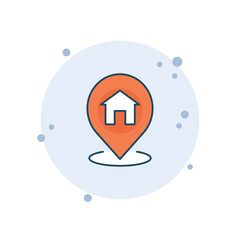 Cartoon home address icon vector illustration. Pin position on bubbles background. GPS location sign concept.