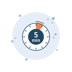 Cartoon clock icon vector illustration. 5 min timer on bubbles background. Countdown sign concept.