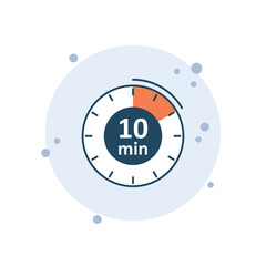 Cartoon clock icon vector illustration. 10 min timer on bubbles background. Countdown sign concept.