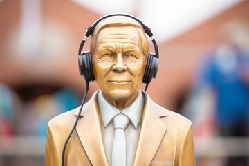 university founder statue with commencement ceremony headphones - obrazy, fototapety, plakaty