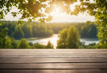 Naklejka na ściany i meble Empty wooden table top with blurred nature background Calm sunny evening in nature with view to lake