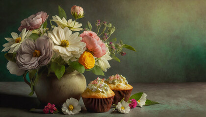 Sweet cupcake with cream and flowers. Dark background