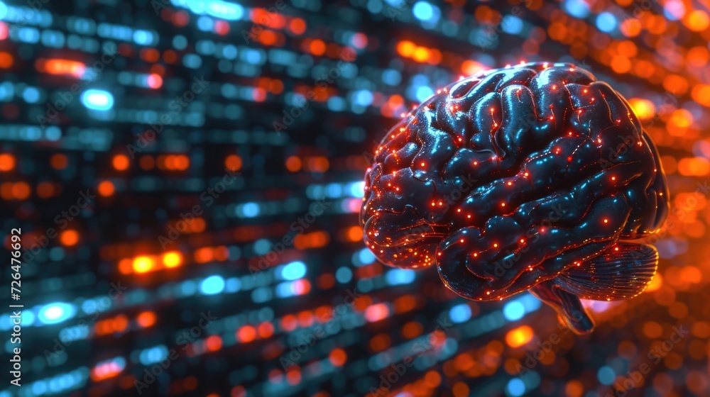 Poster a human brain is depicted in front of a background of blue and red lights.