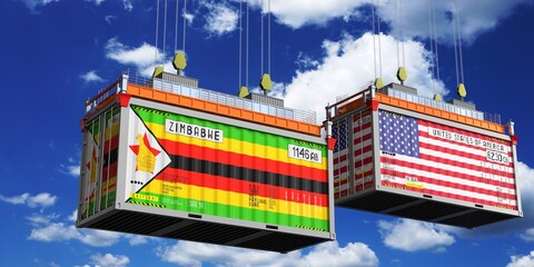 Fototapeta premium Shipping containers with flags of Zimbabwe and USA - 3D illustration